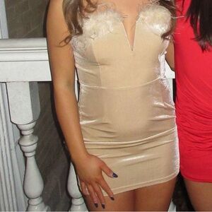 Superdown Tan Feather-Trim Mini Dress